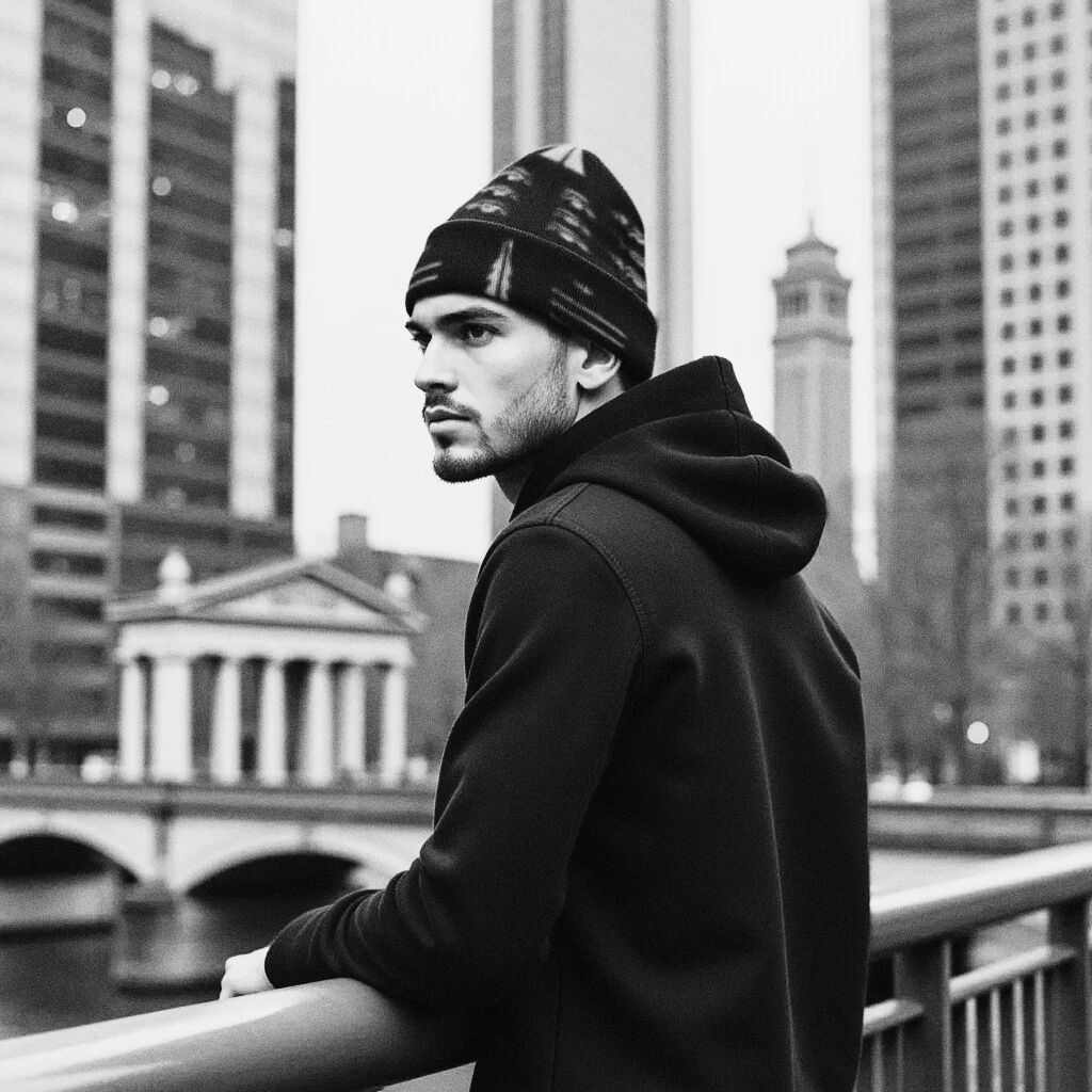 Adversarial fashion beanie (worn by male model) protecting you from AI facial recognition technology