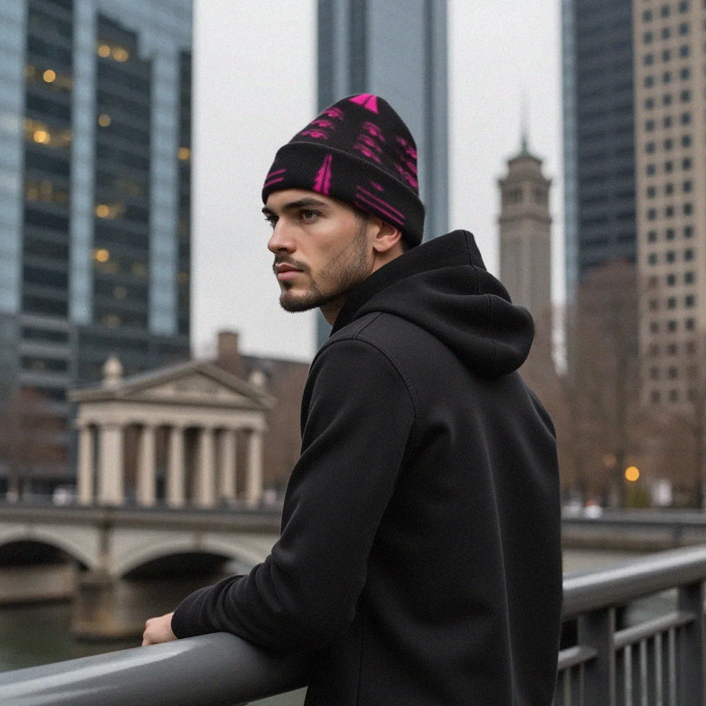 Fuschia adversarial fashion beanie (worn by model) protecting you from AI facial recognition technology