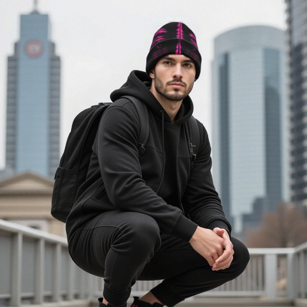 Fuschia adversarial fashion beanie (worn by male model) protecting you from AI facial recognition technology