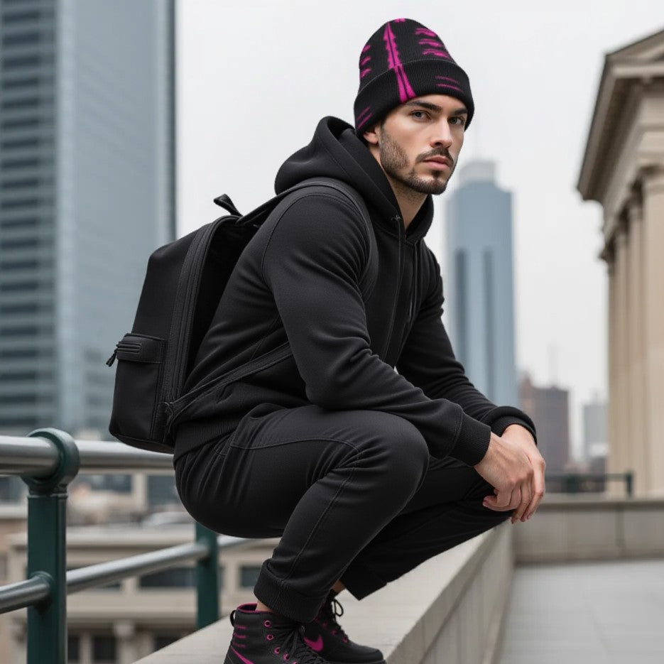Fuschia adversarial fashion beanie (worn by male model) protecting you from AI facial recognition technology