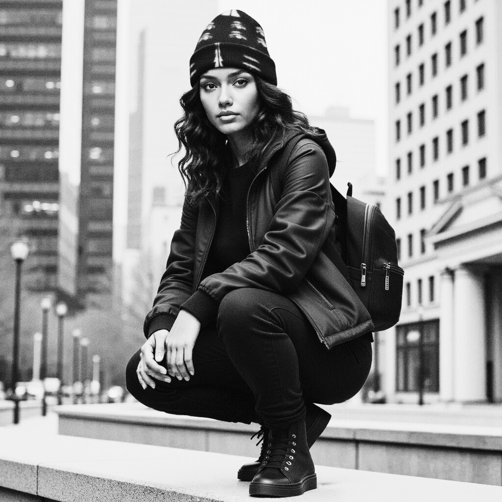 Adversarial fashion beanie (worn by female model) protecting you from AI facial recognition technology