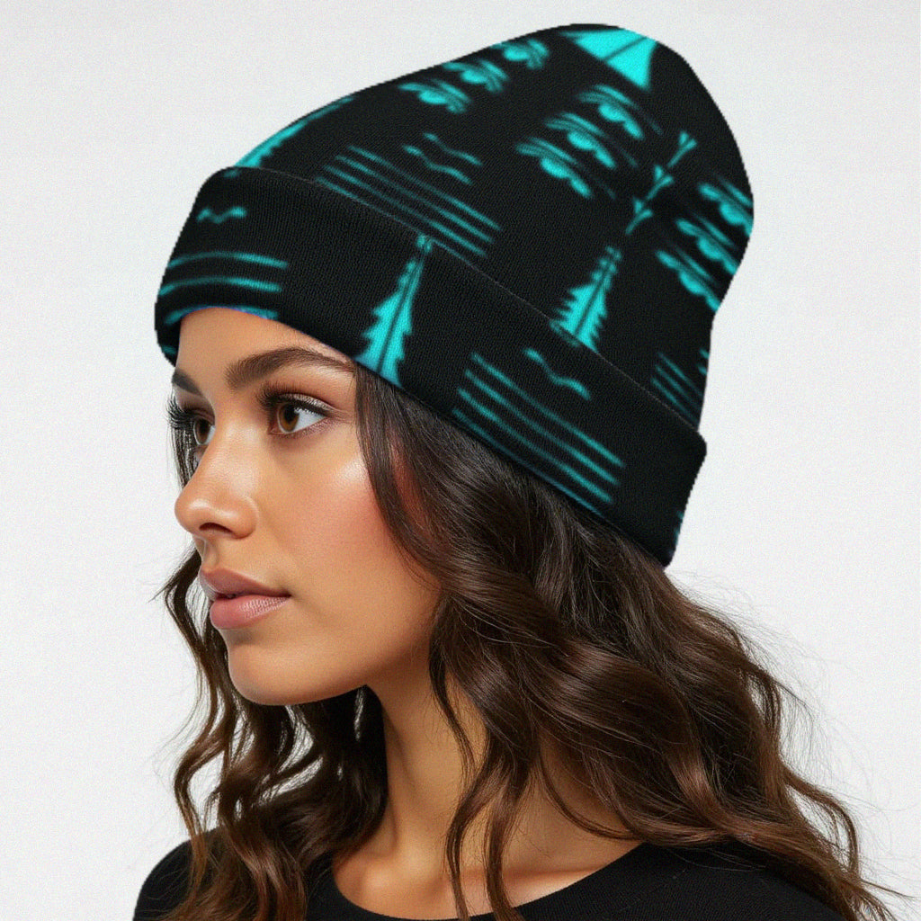Cyan adversarial fashion beanie (worn by female model) protecting you from AI facial recognition technology