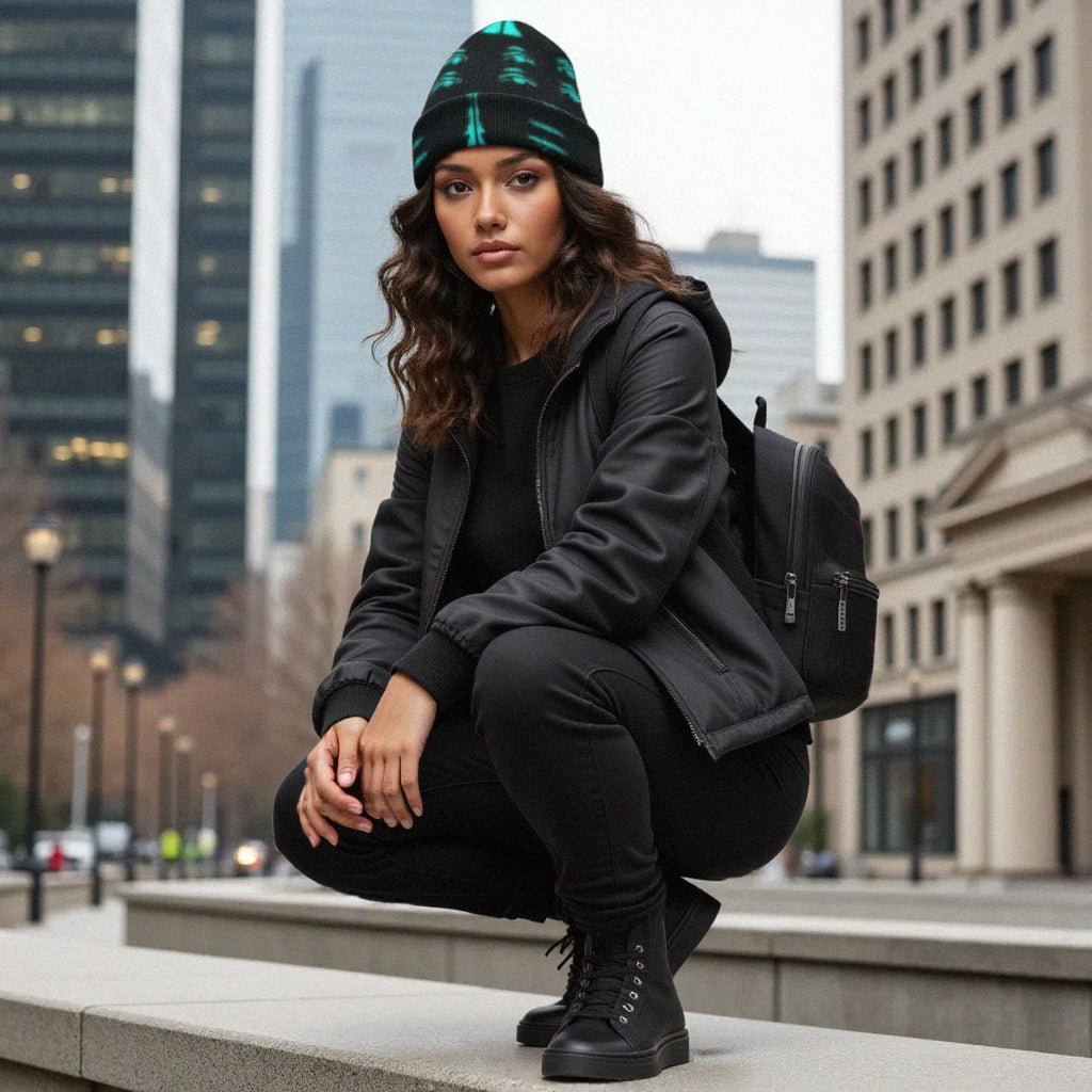 Cyan adversarial fashion beanie (worn by female model) protecting you from AI facial recognition technology