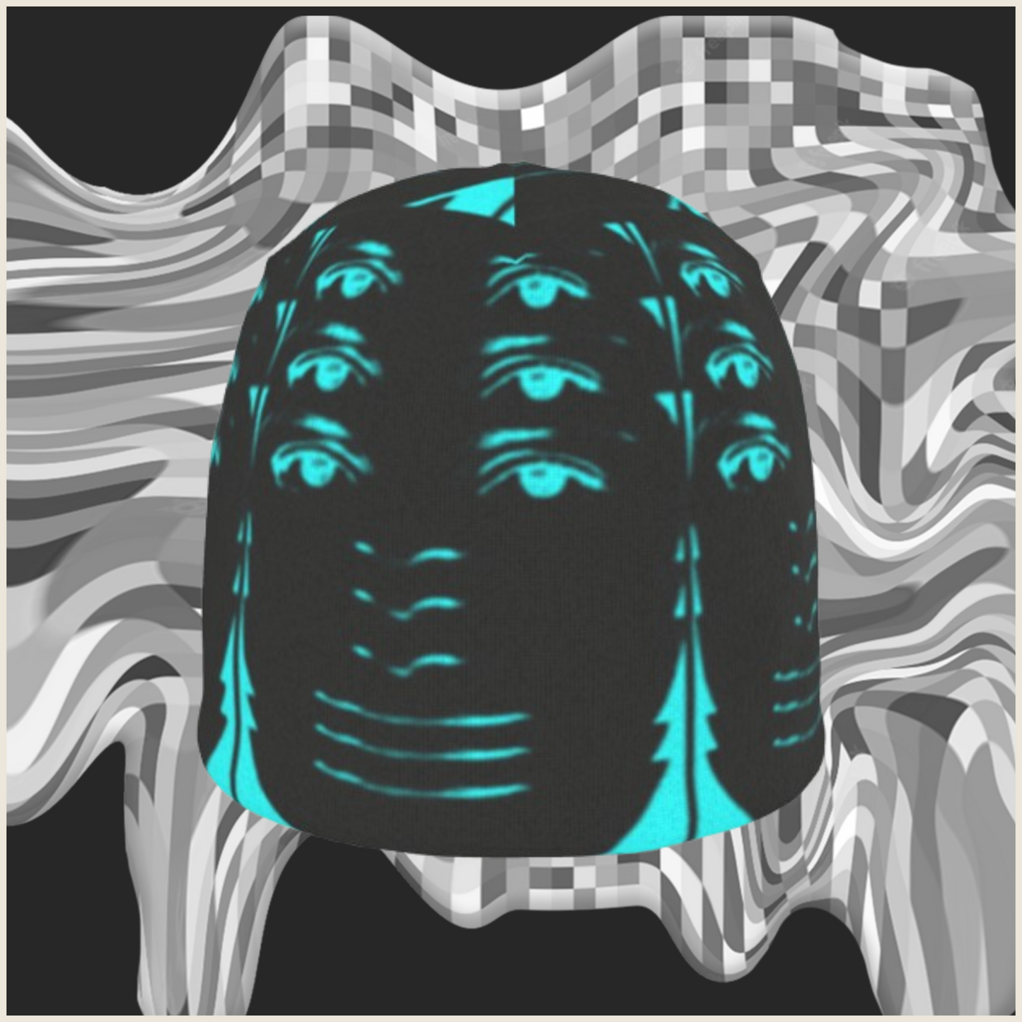 Cyan adversarial fashion beanie protecting you from AI facial recognition technology