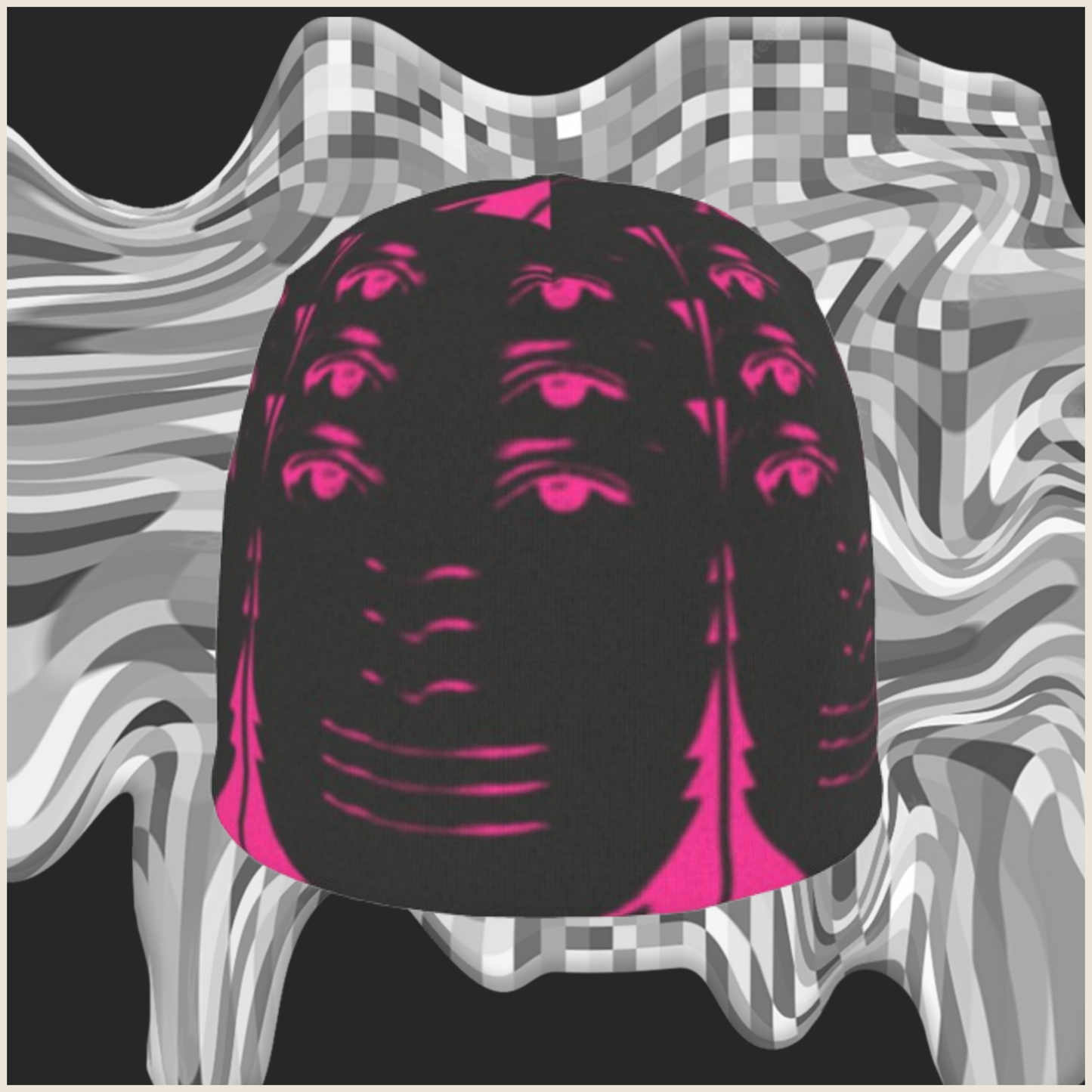 Fuschia adversarial fashion beanie protecting you from AI facial recognition technology