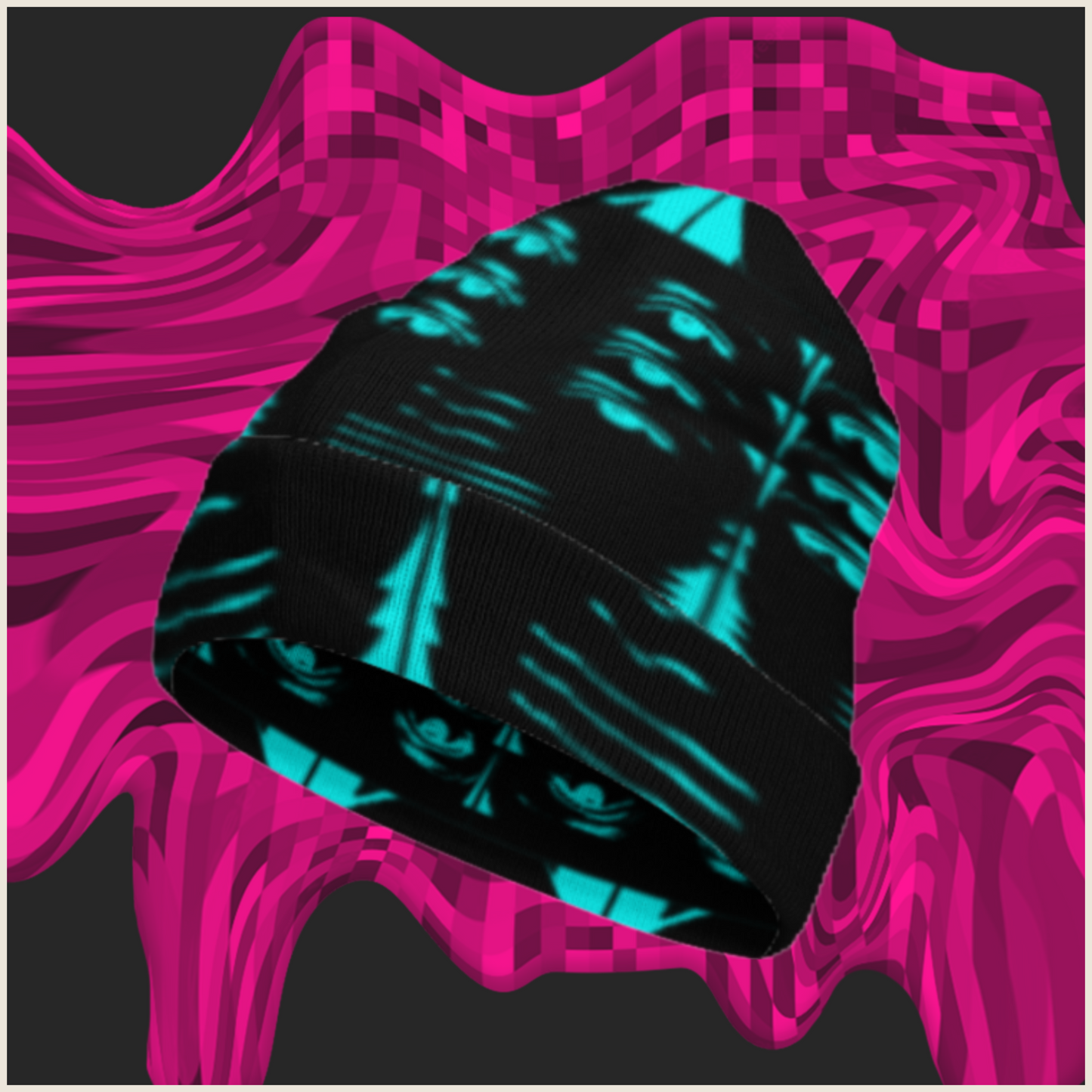 Cyan adversarial fashion beanie protecting you from AI facial recognition technology