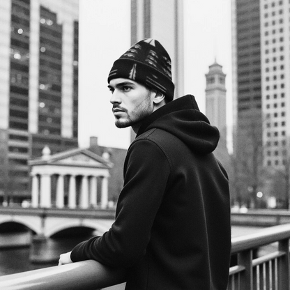 Adversarial fashion beanie (worn by male model) protecting you from AI facial recognition technology