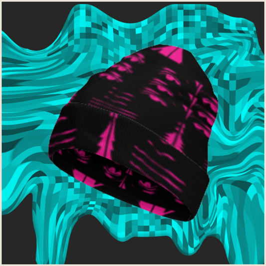 Fuschia adversarial fashion beanie protecting you from AI facial recognition technology